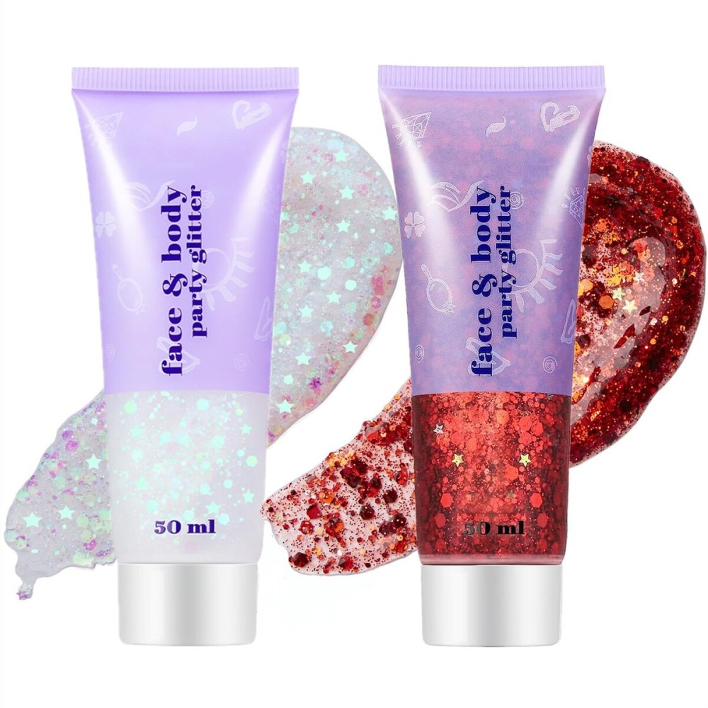 Go Ho Red and White Body Glitter Set,Singer Concerts Face Glitter Gel Makeup,Holographic Long Lasting Chunky Sequins Glitters for Eye Lip Hair Nails,Festival Rave Accessories,Red&White