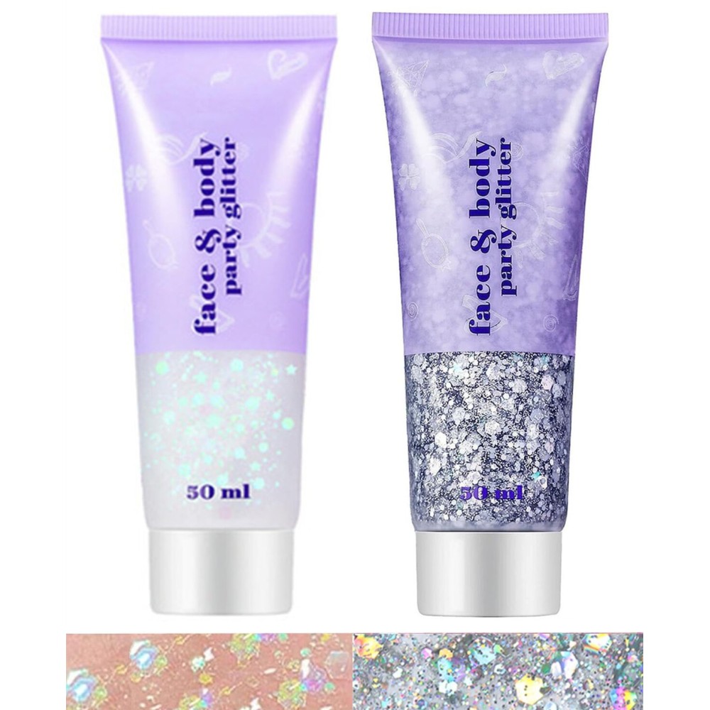 Go Ho Silver and White Body Glitter Set,Singer Concerts Face Glitter Gel Makeup,Holographic Long Lasting Chunky Sequins Glitters for Eye Lip Hair Nails,Festival Rave Accessories,Silver&White