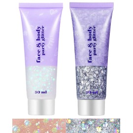 Go Ho Silver and White Body Glitter Set,Singer Concerts Face Glitter Gel Makeup,Holographic Long Lasting Chunky Sequins Glitters for Eye Lip Hair Nails,Festival Rave Accessories,Silver&White