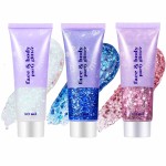 Go Ho White Pink and Blue Body Glitter Set,Singer Concerts Face Glitter Gel Makeup,Holographic Long Lasting Chunky Sequins Glitters for Eye Lip Hair Nails,Festival Rave Accessories