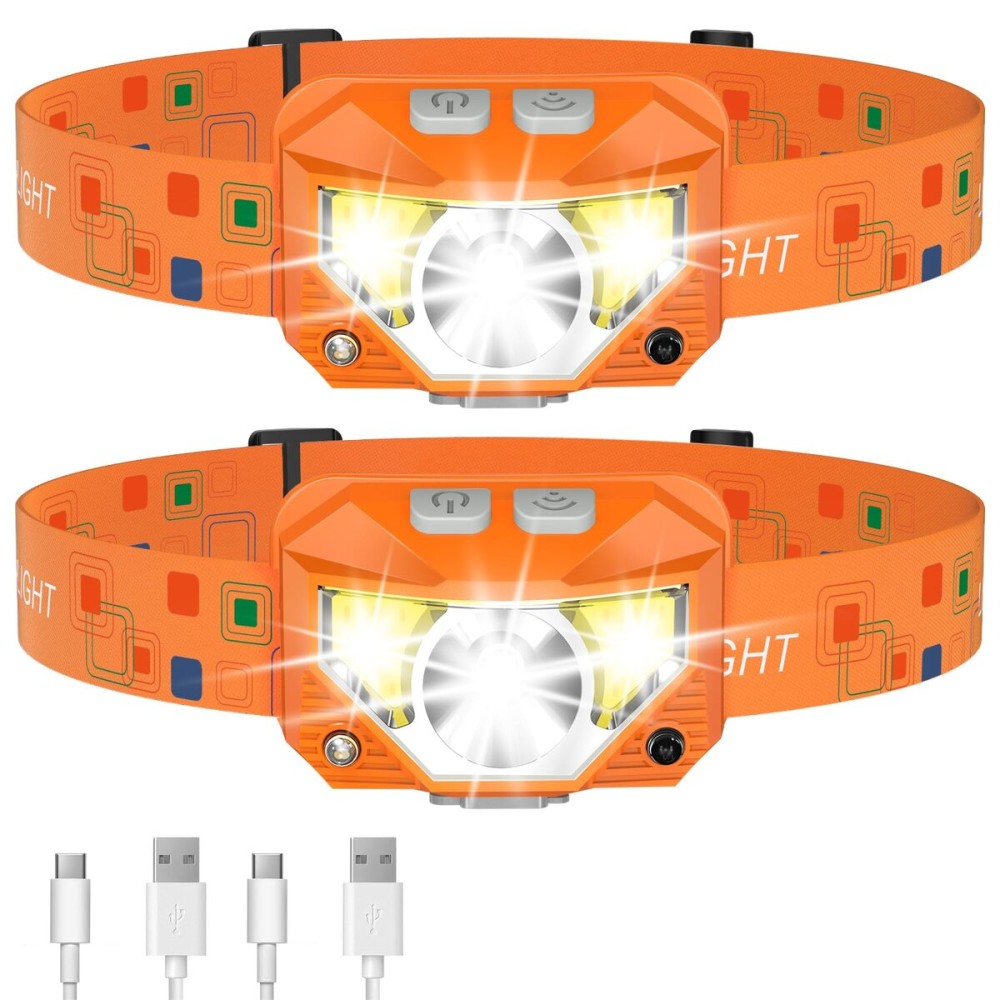 LHKNL Headlamp Flashlight, Lumen Ultra-Light Bright LED Rechargeable Headlight with White Red Light,2-Pack Waterproof Motion Sensor Head Lamp,8 Mode for Outdoor Camping Running Fishing- Orange