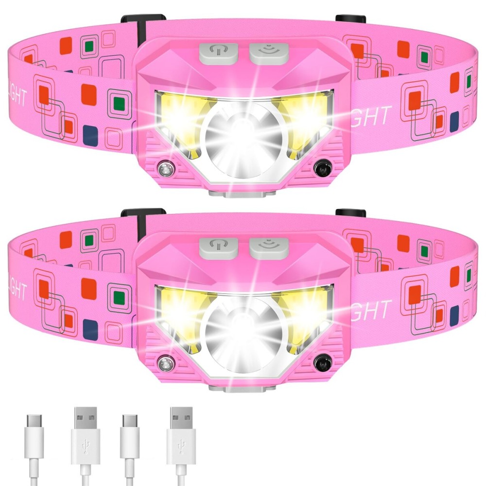 LHKNL Headlamp Flashlight, High Lumen Bright LED Rechargeable Headlight with White Red Light, 2-Pack Waterproof Motion Sensor Head Lamp, 8 Mode for Camping Running Hiking Fishing Gear- Pink