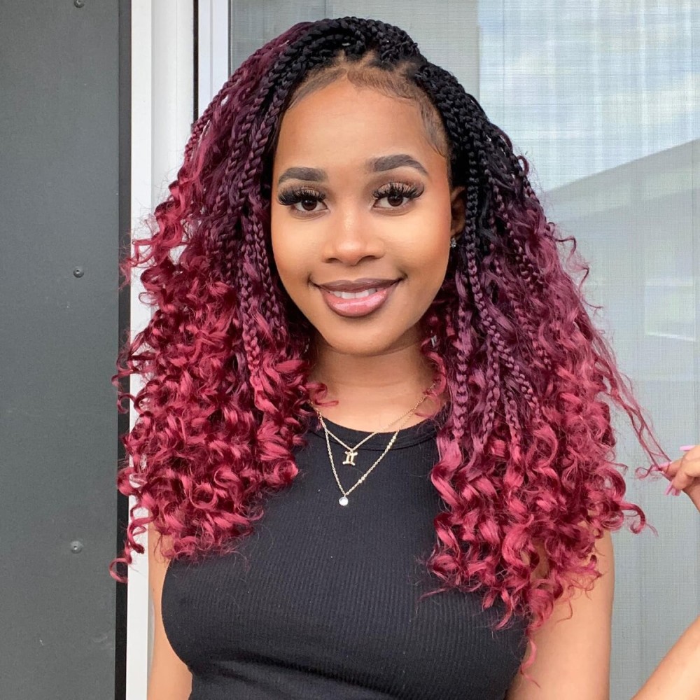 Wodun 14inch Goddess Box Braids Crochet Hair Crochet Box Braids Curly Ends 3X Bohemian Crochet Box Braids Hair Synthetic Crochet Hair Extensions(14inch(Pack of 8), 1B/99J/530)