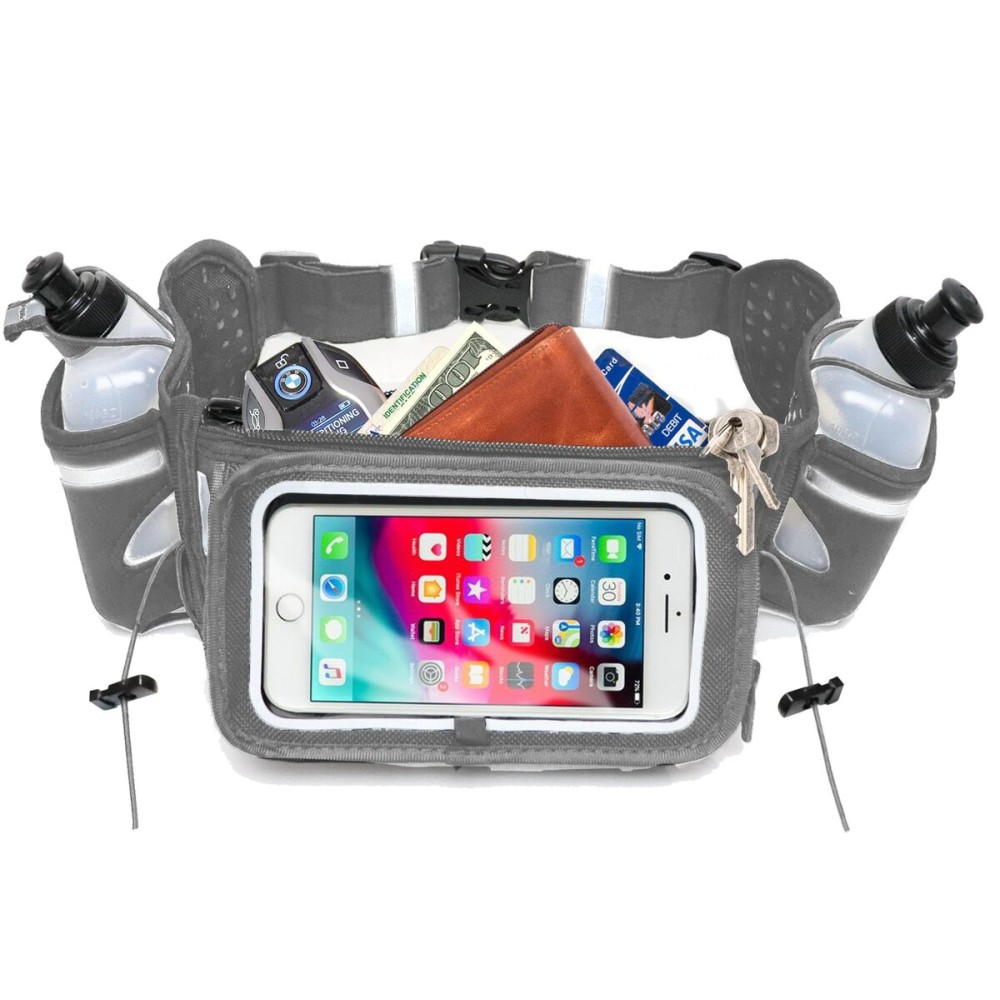 No.1 Hydration Belt by Runtasty - Premium Winners\' Running Fuel Belt w/2 BPA-Free 10 oz Water Bottles, Tilt-Up Pocket w/Touchscreen-Ready Cover - Fits All iPhones, No-Bounce Design (Platinum Gray)