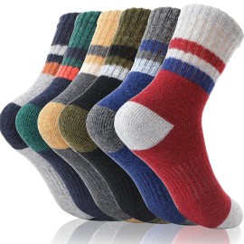 EBMORE Kids Merino Wool Hiking Socks Boys Toddlers Girls Winter Thermal Thick Warm Boot Cushion Ski Snow Gift Socks Stocking Stuffers 6 Pairs(Stripes,12-15 Years)