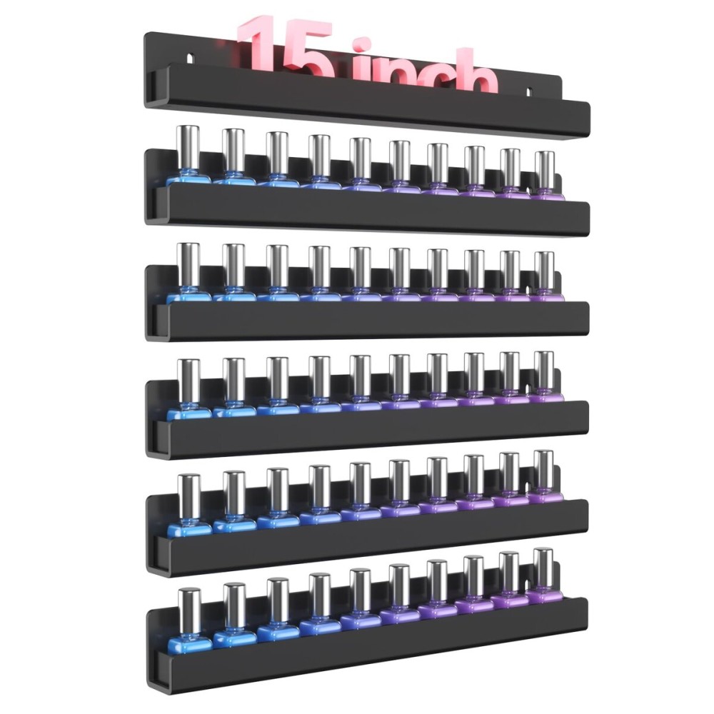 NIUBEE 6 Pack Nail Polish Rack Wall Mounted Shelf with Removable Anti-slip End Inserts, Acrylic Nail Polish Organizer Display 90 Bottles(Black)