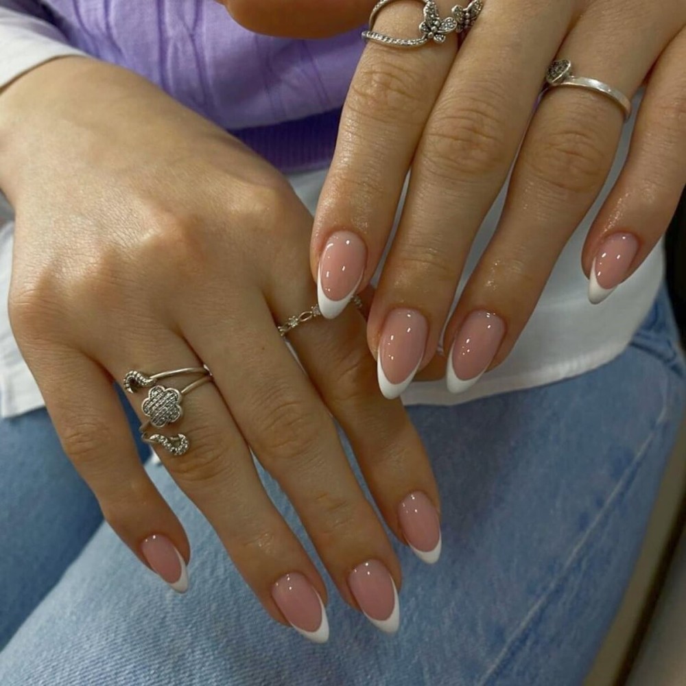 White French Tip Press on Nails Short Almond Nails Press ons French Tip Glue on Nails for Women DIY Acrylic French Nails Short Gel Nails, Natural Thick Extra Short French Fake Nails 30Pcs 15 Sizes