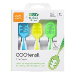 NumNum Baby Spoons Set, Feeding Littles x Silicone Pre-Spoon GOOtensils for Baby Led Weaning, Self-Feeding & Teething, First Stage Toddler Utensils for Ages 6+ Months, 3-Pack, BPA-Free (Neon)