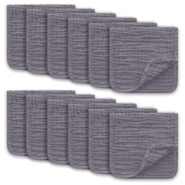 Ease Cubs Muslin Burp Cloths Large 100% Cotton Hand Washcloths for Boys & Girls, Baby Essentials Extra Absorbent and Soft Burping Rags for Newborn Registry (Grey, 12-Pack, 20 X10)
