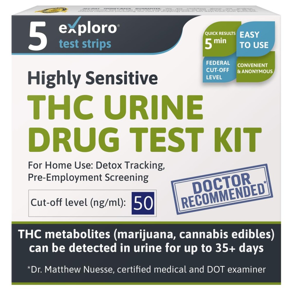 Exploro Highly Sensitive at Home Marijuana Drug Test Kit, THC Drug Test Kit Marijuana/Weed, THC Drug Test Urine, Easy Home Drug Test Marijuana/THC Substance Abuse, 5 THC Test Strips, 50 ng/ml
