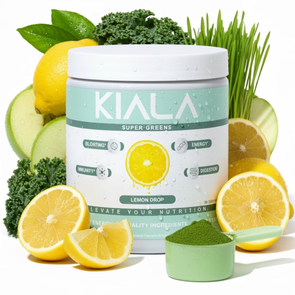 Kiala Nutrition Super Greens, Organic Greens Powder with Spirulina & Chlorella for Digestion, Gut Health, Immunity, Energy, Gluten Free, Vegan, Sugar Free, Spectra Blend, Lemon Drop, 30 Servings