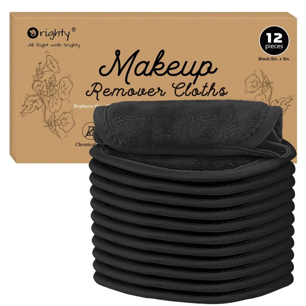 Orighty Makeup Remover Cloths 12 Pack, Makeup Removal Face Cleansing Cloth, Reusable Make-up Remover Pads Remove Instantly Dirt with Just Water, 5 x 5 in (Black)
