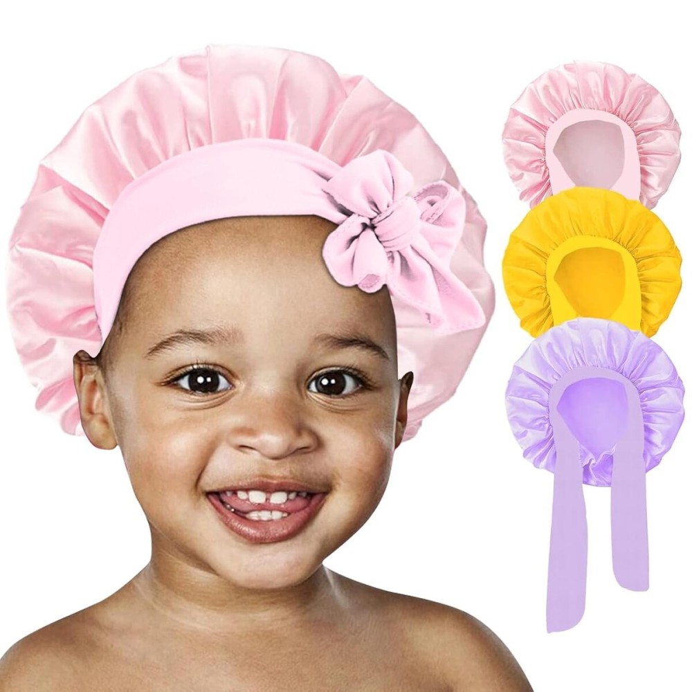 3 Pcs Kids Silk Bonnet for Sleeping - Baby Hair Bonnet for Sleep,Kids Satin Bonnets for Girls with Adjustable Wide Elastic Band,Sleeping Cap for Teens Toddler Child Curly Hair(Pink+Purple+Yellow)