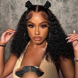 Srakuw Wear and Go Glueless Wigs Human Hair Pre Plucked Pre Cut 4x4 Lace Front Wigs for Black Women Glueless Water Wave 180 Density Curly Bob Wig Human Hair for Beginners(16 Inch)