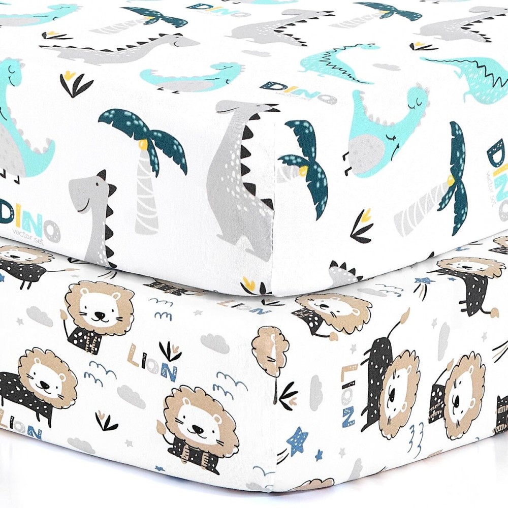 BROLEX Baby Fitted Crib Sheets: Kid Crib Sheets - Set of 2 for Toddler Standard Size Crib Mattress for Boys and Girls - Jersey Knit Crib Bed Sheets Dinosaur Lion