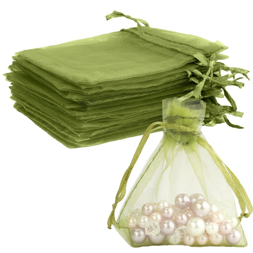 BOEIAC Organza Bags, Sheer Organza Bags 50Pcs, Small Organza Bags with Drawstring 3 x 4 inch, Jewelry Gift Bags, Mesh Party Wedding Favor Bags Mini Candy Bags for Wedding Christmas, Army Green