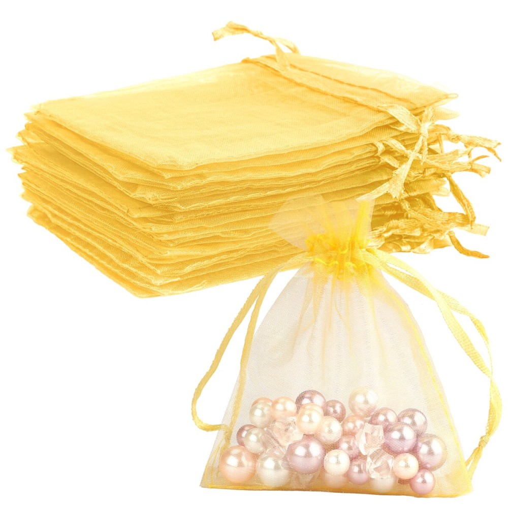 Gold Organza Bags - 50Pcs, Sheer 3 x 4 inch Jewelry & Party Favor Bags with Drawstring, Mini Mesh Gift Pouches for Wedding & Christmas