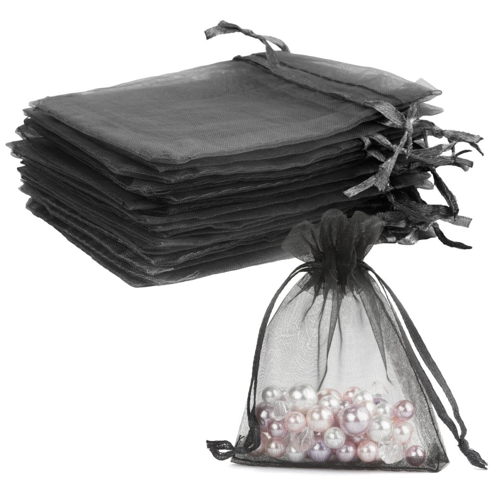 BOEIAC Organza Bags, Black 50Pcs, Sheer Bags 3 x 4 inch, Jewelry Gift Party Favor with Drawstring, Small Mesh Pouches Mini Candy for Wedding Christmas, BOEIAC