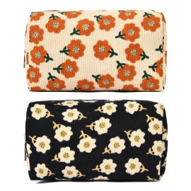 SOIDRAM 2 Pieces Makeup Bag Floral Cosmetic Bag Purple Blue Makeup Pouch Travel Toiletry Bag Organizer Cute Makeup Brushes Storage Bag for Women