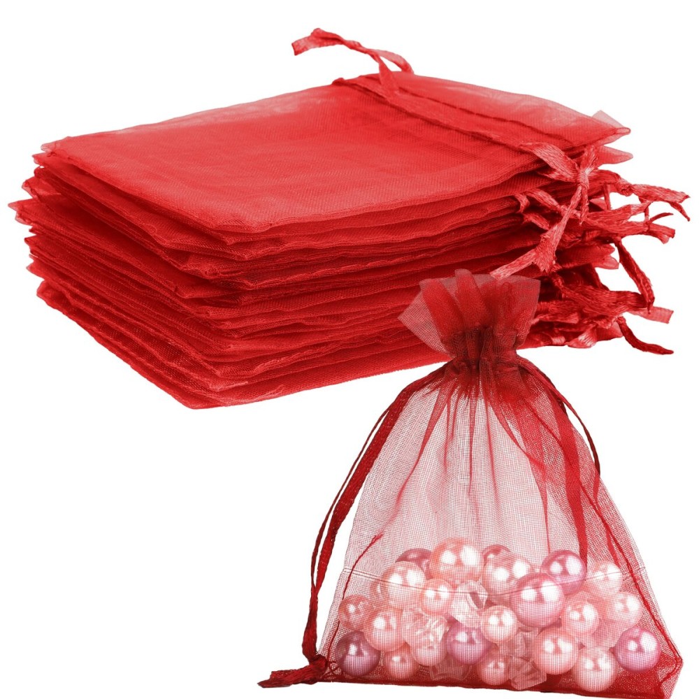 Burgundy Sheer Organza Bags - 3 x 4 inch, 50 Pcs, Small with Drawstring, Jewelry Gift & Party Favor Bags for Candy, Wedding, Christmas