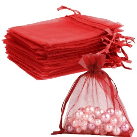 Burgundy Sheer Organza Bags - 3 x 4 inch, 50 Pcs, Small with Drawstring, Jewelry Gift & Party Favor Bags for Candy, Wedding, Christmas