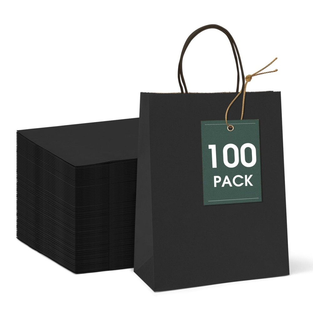 GSSUSA 100 Pack 8x4.25x10 Black Paper Gift Bags with Handles Bulk for Small Businesses, Sturdy Grocery & Retail, Birthday Wedding Party Favor Craft Bag