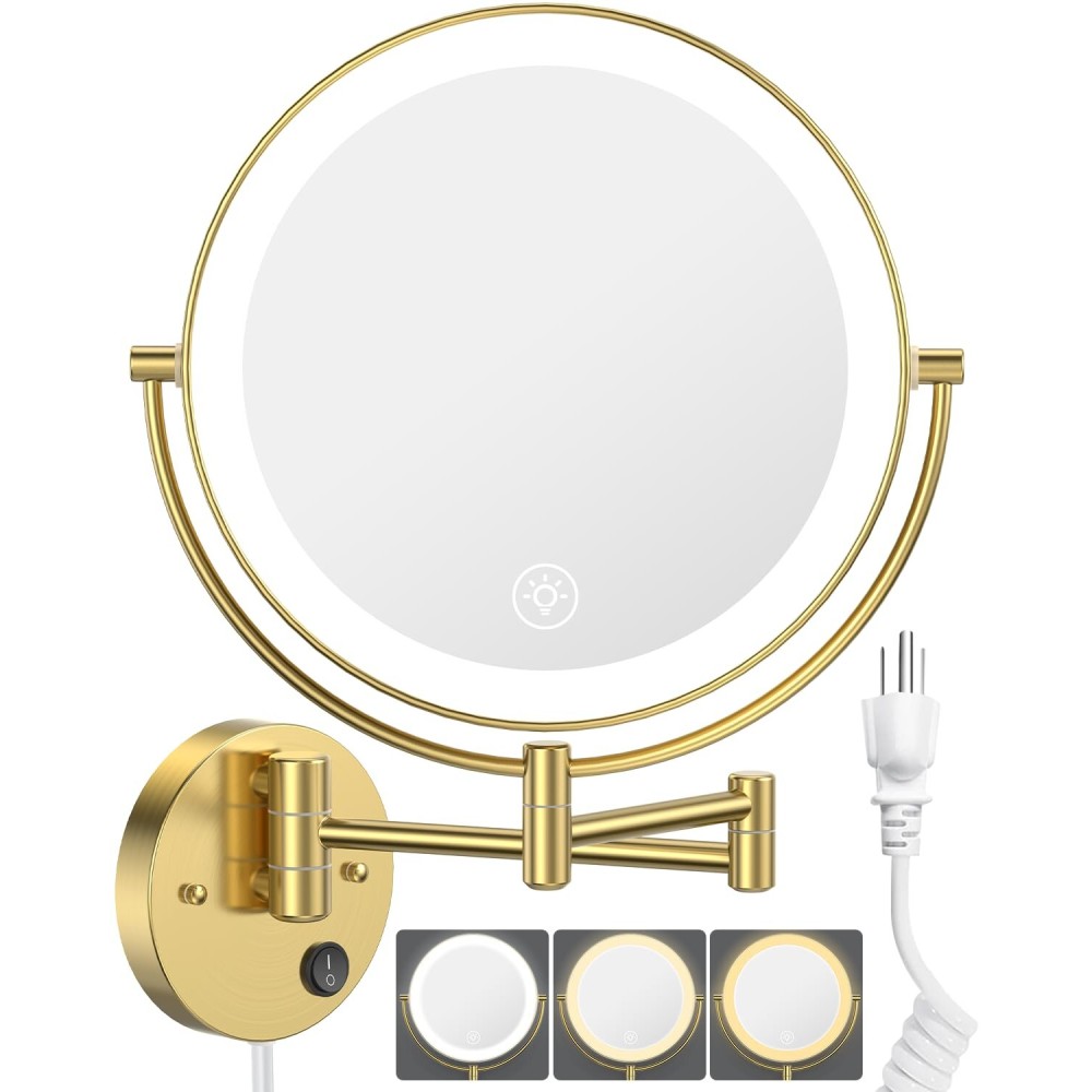 Benbilry 9 Large Wall Mounted Lighted Makeup Mirror, 1X/10X Magnifying 2-Sided AC Plug-in Powered Bathroom Mirror with 3 Color Lights, Touch Dimmable, Extended Arm 360 Rotation, Gold