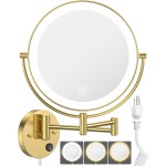 Benbilry 9 Large Wall Mounted Lighted Makeup Mirror, 1X/10X Magnifying 2-Sided AC Plug-in Powered Bathroom Mirror with 3 Color Lights, Touch Dimmable, Extended Arm 360 Rotation, Gold