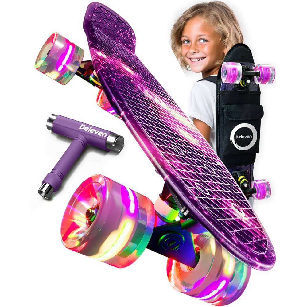 Deleven 22 Skateboard with Bright LED Wheels, Carry Bag, Skate Tool, ABEC 7 Bearings - for Kids Beginners Adults