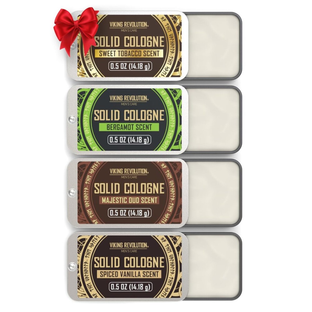 Viking Revolution 4 Pack Mens Colognes - 0.5 Oz Solid Perfume with Spiced Vanilla, Sweet Tobacco, Majestic Oud, Bergamot - Travel Wax Balm Cologne