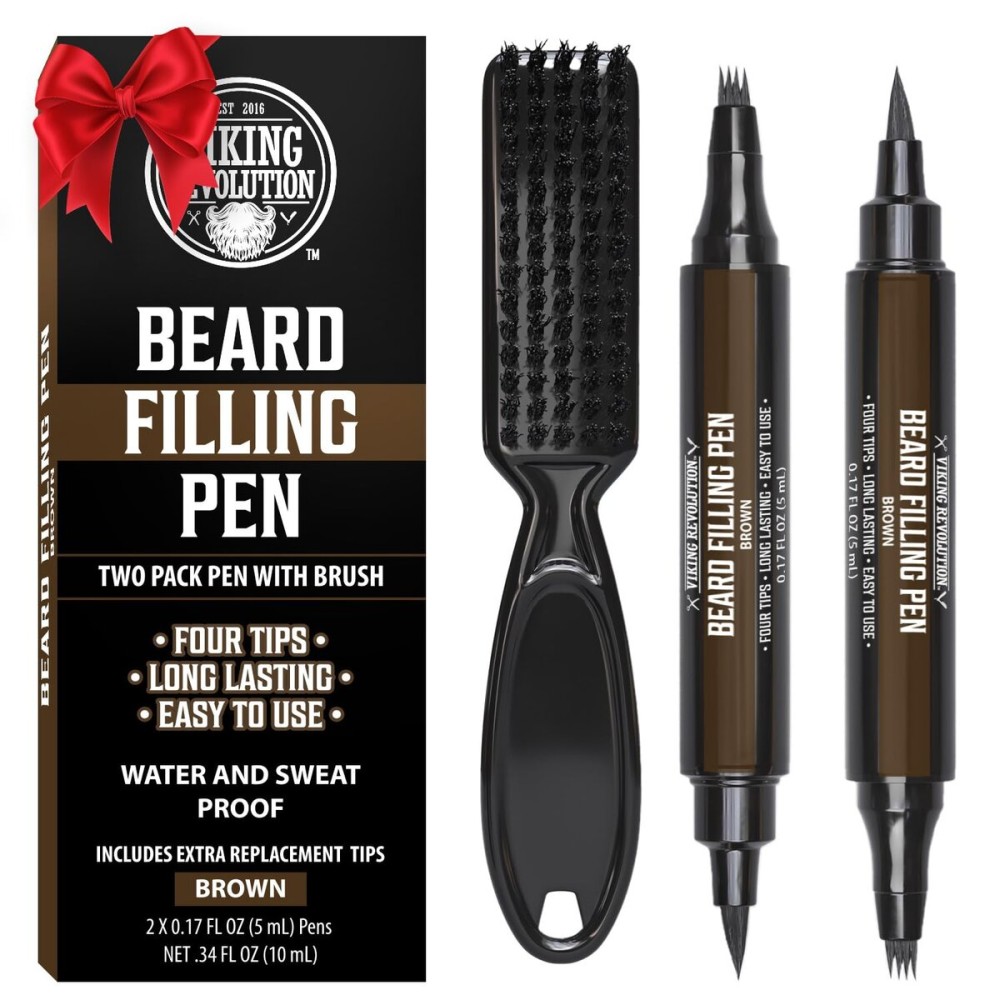 Viking Revolution Beard Pen (2 Pack) - Brown Beard Pencil Filler for Men Lapiz para Barba de Hombre - Beard Filler for Men Waterproof Beard Filling Pen Kit - Long Lasting Beard Filler Pen with Brush