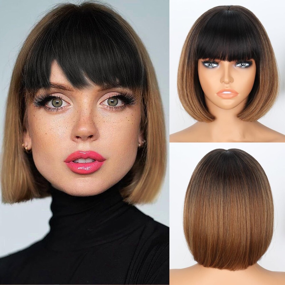 WERD Short Brown Bob Wigs for Women Light Brown Bob Wigs with Bangs 10Inch Synthetic Hair Bob Highlight Wig for Daily Use Cosplay
