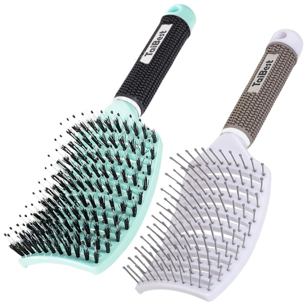 TaiBest Boar Bristle Brush Set - Dry/Wet Detangler for Fine, Thick, Curly Hair - Curved and Vented Brush for Women, Men or Kids
