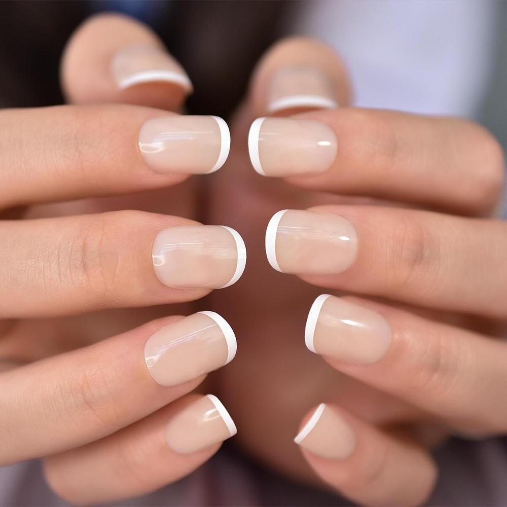 EchiQ French Nude Smile Small White Line Press On False Gel Nails Medium Short Length Ellipse Oval Acrylic Manicure Art Tips Stick on Nails Women 24pcs/Set