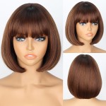 WERD Short Brown Bob Wig for Women Auburn Brown Wig with Bangs Synthetic Hair Light Highlight Brown Bob Wig for Daily Party Cosplay