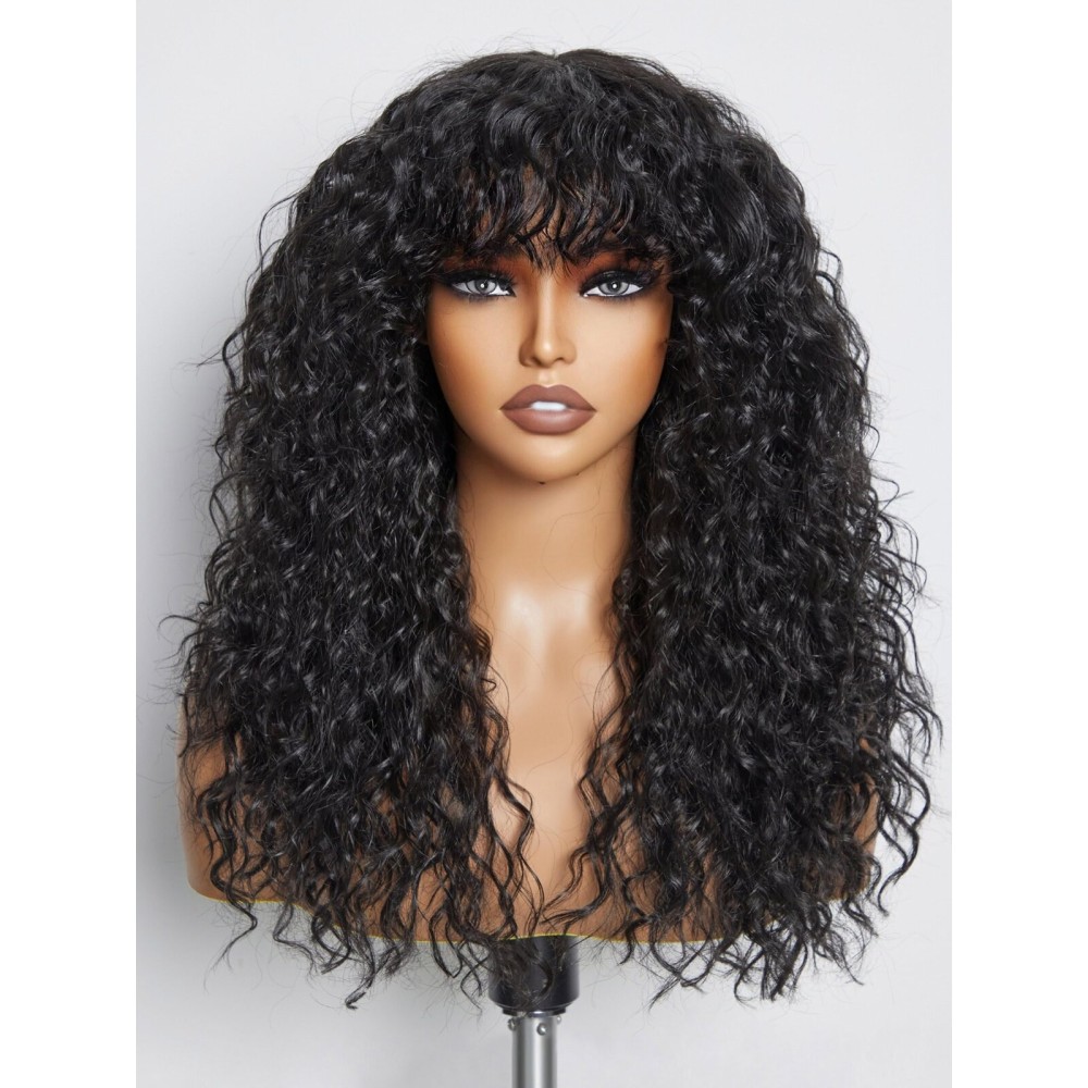 GORGIUS Veralux Blend Shaggy Haircuts Natural Black Curly Wig with Bangs Crafted with Style-Archive Technology: Premium Fiber & Remy Human Hair Blended, Realistic Look with True Scalp