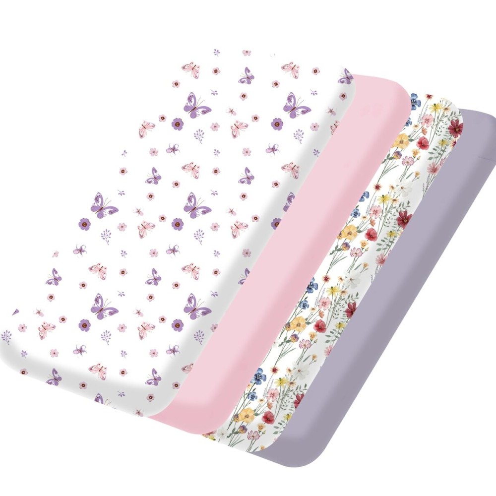 bimocosy Mini Crib Sheets,Pack and Play Sheets for Baby Girl Boy 4 Pack,Size 38x 26 for Playard Mattress,Portable Mini Crib,Soft Pack N Play Sheets Fitted,Butterfly/Floral/Pink/Purple