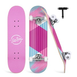 BELEEV Skateboards for Beginners, 31 x 8 inch Complete Skateboard for Kids Teens Adults, 7 Layer Canadian Maple Double Kick Deck Concave Cruiser Skateboard with Skate T-Tool(Light Pink)