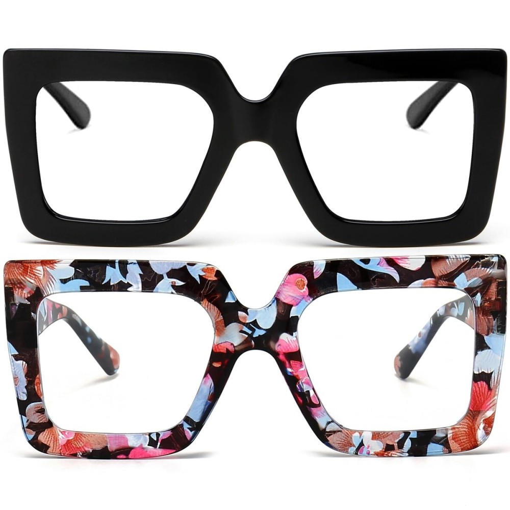 AIEYEZO Oversized Square Blue Light Glasses for Women Cute Big Frame Glasses Fashion Clear Multi-Color Computer Eyewear (Black + Flower)
