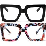 AIEYEZO Oversized Square Blue Light Glasses for Women Cute Big Frame Glasses Fashion Clear Multi-Color Computer Eyewear (Black + Flower)