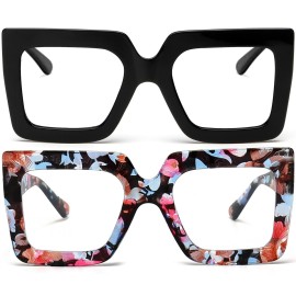 AIEYEZO Oversized Square Blue Light Glasses for Women Cute Big Frame Glasses Fashion Clear Multi-Color Computer Eyewear (Black + Flower)