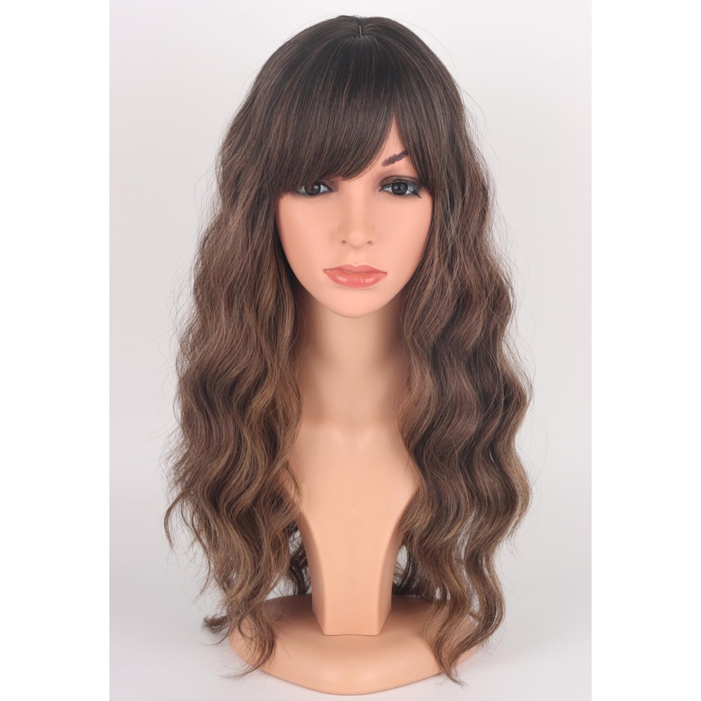SYMEIW Ombre Brown Wavy Wigs With Bangs, Medium Long Synthetic Hair Replacement Wigs for Daily Use, 18 Inch