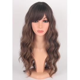 SYMEIW Ombre Brown Wavy Wigs With Bangs, Medium Long Synthetic Hair Replacement Wigs for Daily Use, 18 Inch