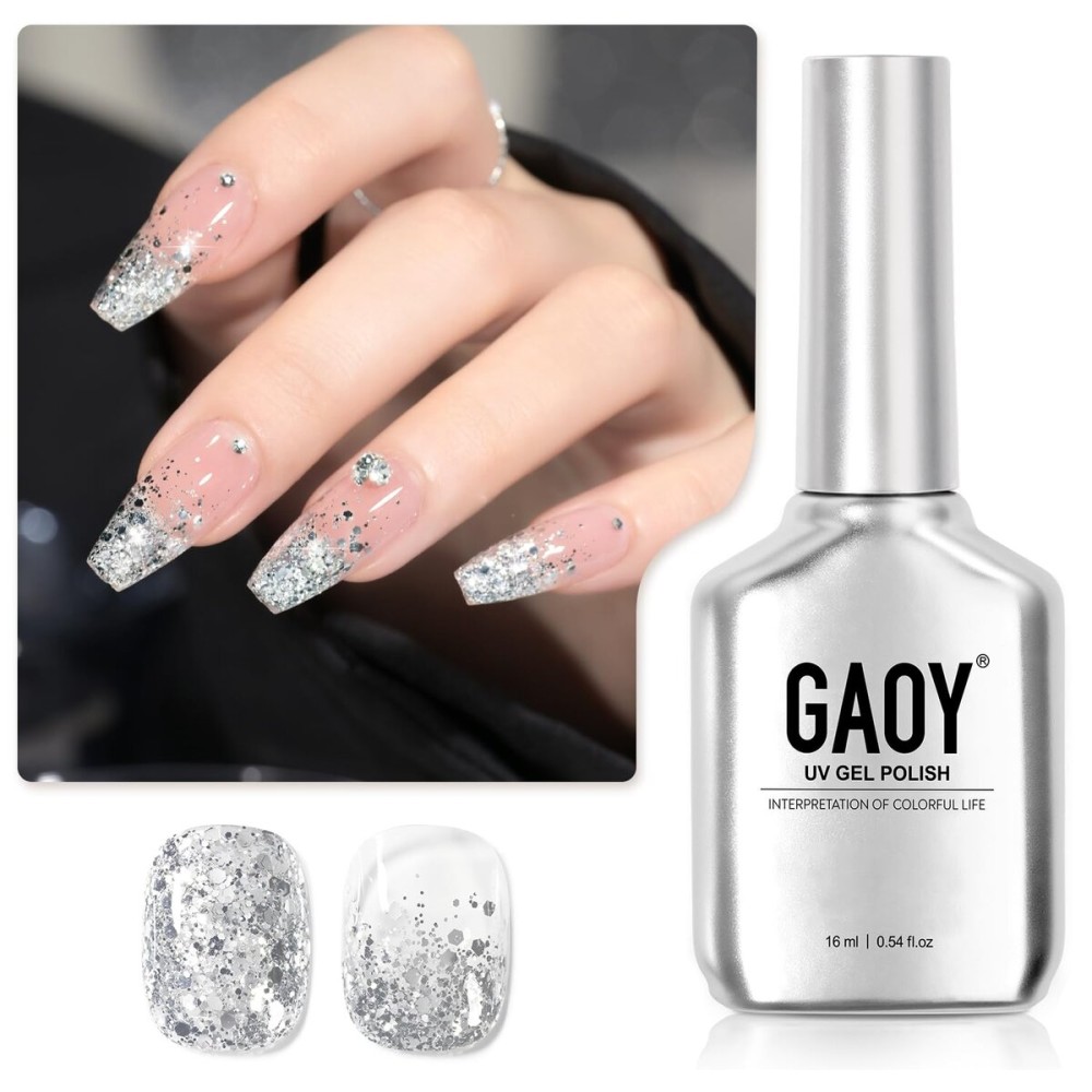 GAOY Glitter Gel Nail Polish, 16ml Silver Sparkly Gel Polish, Diamond Shiny Glitter Soak Off UV Light Cure for Nail Art Home DIY Manicure, 1348