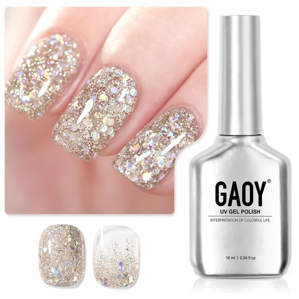GAOY Glitter Gel Nail Polish, 16ml Champagne Sparkly Gel Polish, Diamond Shiny Glitter Soak Off UV Light Cure for Nail Art Home DIY Manicure, 1169