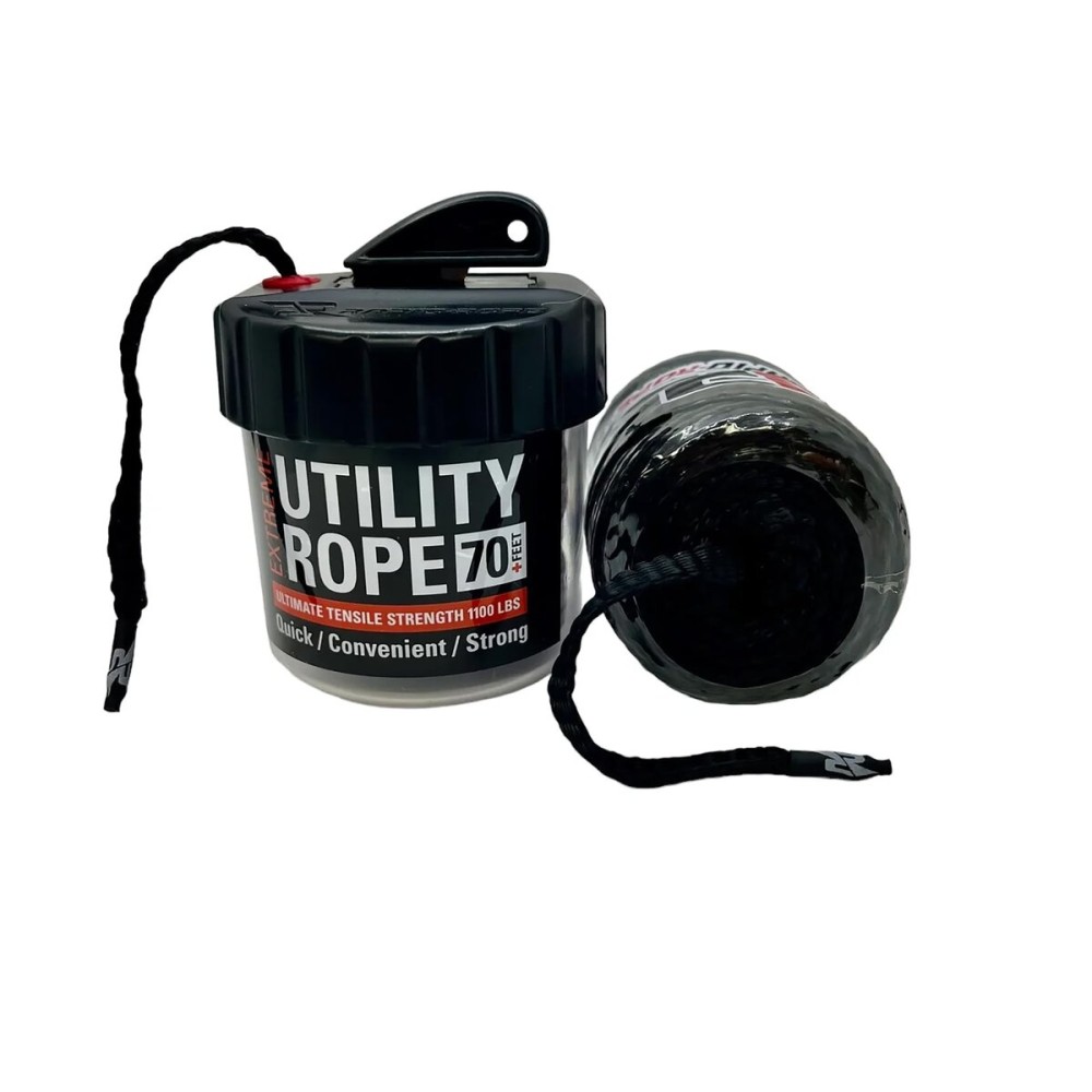 Rapid Rope Canister 70ft Black Flat Tactical Paracord, Made in USA, 1100lb Tested Heavy Duty Poly Rope Test Cord, Non-Tangle Dispenser Included - Hiking, Camping, Survival, Utility, Climbing