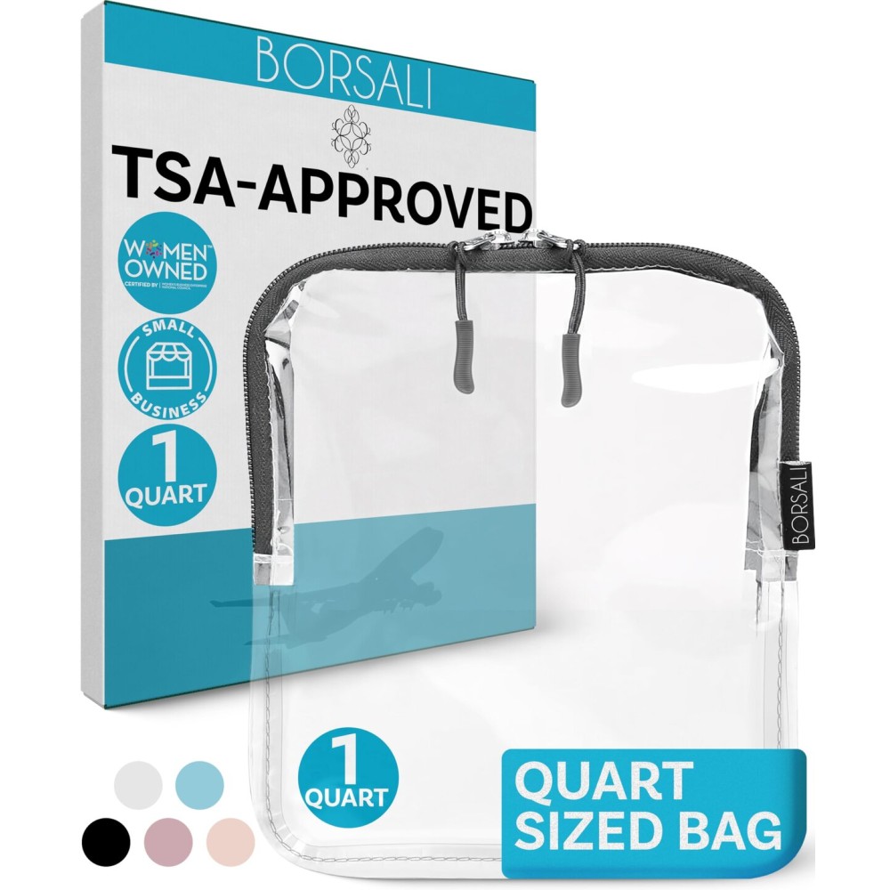 BORSALI TSA Approved Toiletry Bag - Clear Quart Size for 3-1-1 Carry On Travel - Makeup Organizer Cosmetic Pouch with Zipper - Travel Accessories - Gray