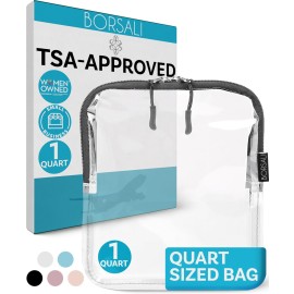 BORSALI TSA Approved Toiletry Bag - Clear Quart Size for 3-1-1 Carry On Travel - Makeup Organizer Cosmetic Pouch with Zipper - Travel Accessories - Gray