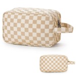 Narwey Checkered Travel Toiletry Bag for Women Traveling Dopp Kit Travel Bag for Toiletries Cosmetic Bag Makeup Bag Medicine Bag for Traveling (Light Brown Checkerboard)