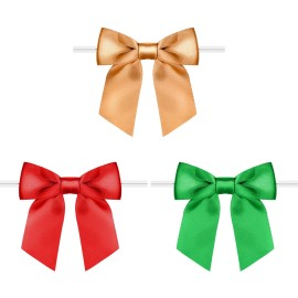RainbowPana 60 Pack 3 Christmas Twist Tie Bows, Luxury Red Green Gold Satin Ribbon Pretied Bows, Premade Craft Decoration for Package Cake Pop Favors Cookie, Gift Wrapping, St Patricks